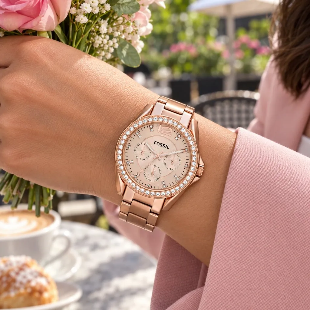 Fossil Riley para mujer, oro rosa (ES2811) en la muñeca