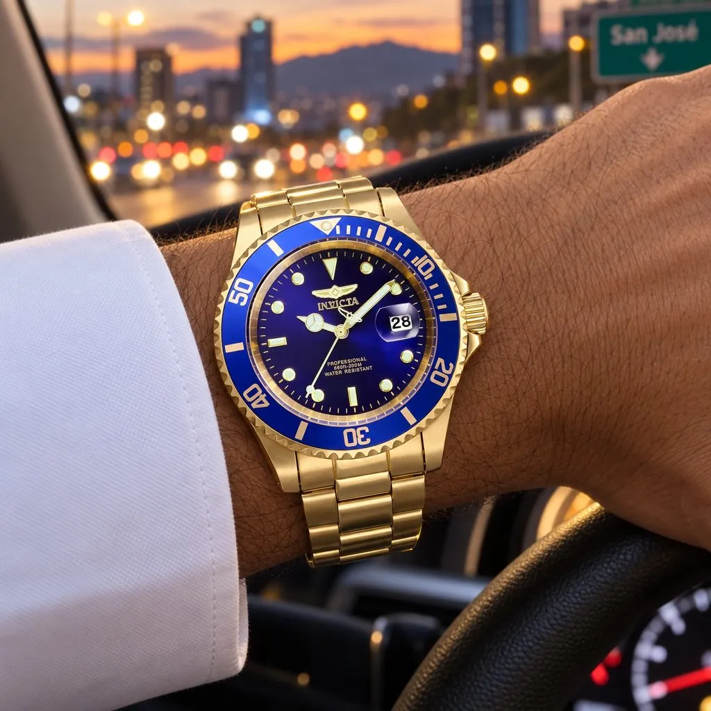 Invicta Pro Diver de cuarzo, oro y azul (26974) en la muñeca